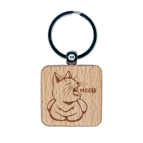Sleepy Kitty Yawning Meow Square Keychain Charm Tag - Engraved Wood
