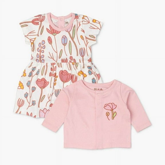 M A by Monica   Andy Organic Gender Neutral Cotton Dress Romper   Cardigan Bundle, Sizes Newborn - 9 Months
