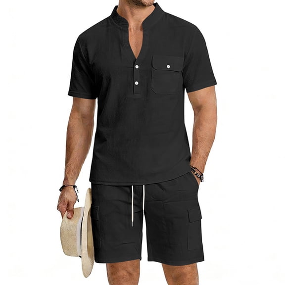 2 Piece Summer Beach Outfits for Men, Casual Henley Vneck Shirt and Shorts Set