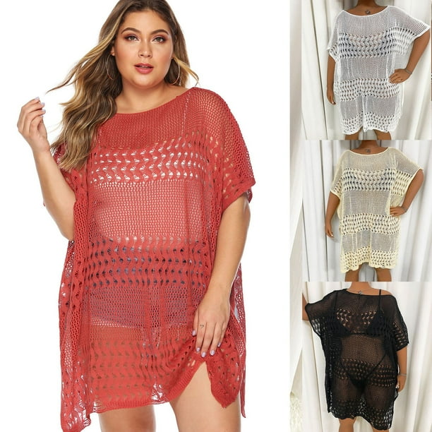 Uniexcosm Women's Plus Size Short Sleeve Bathing Suit Cover Up Crochet Swim Beach Dress