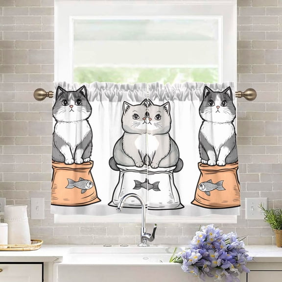 Yayeee Kitchen Curtains Tier Pair Light Filtering 27"x36" Rod Pocket Short Cafe Window Panel, Gray Cute Chubby Cat