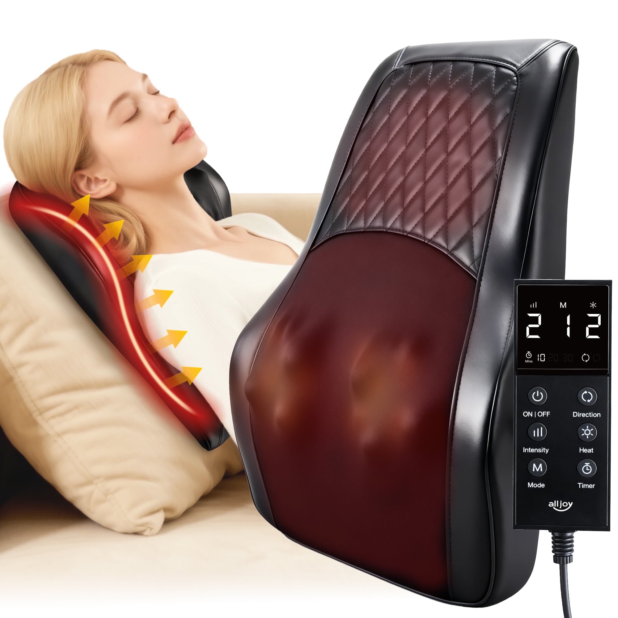ALLJOY Lumbar Support Massager Pillow with Heat, Back Massager for Pain Relief, Neck Massger, 3 Heating Levels & 4 Mode & 3 Intensities, Christmas&Birthday Gifts for Women Men