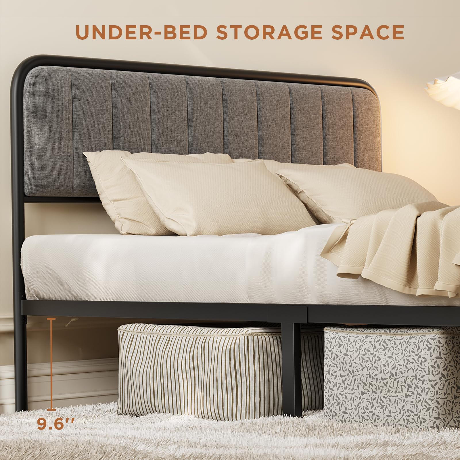 Full Size Bed Frame with Headboard, Under-Bed Storage, 850lbs, Beige