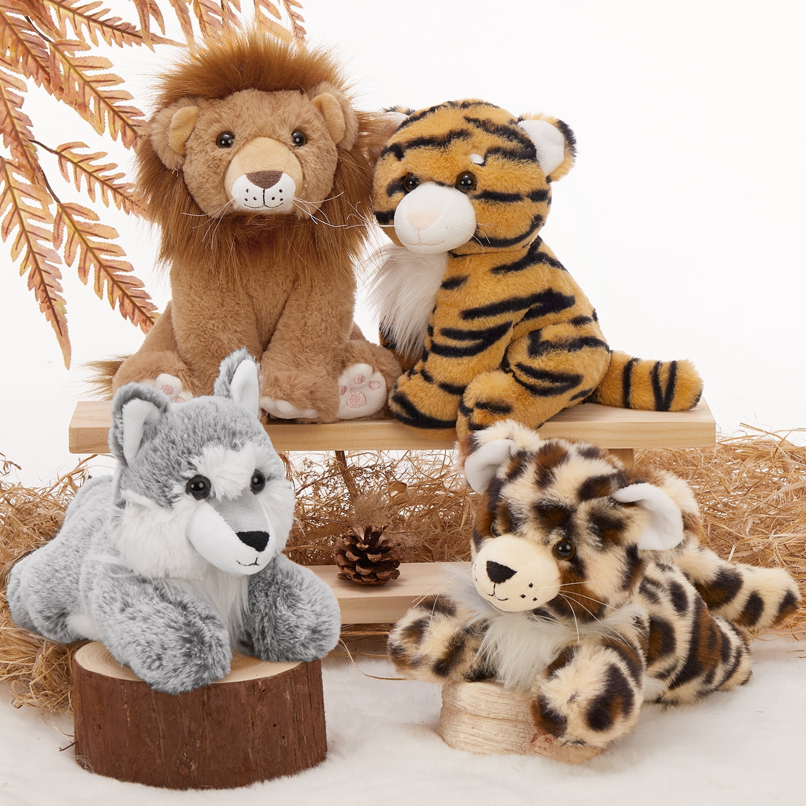 MaoGoLan 4 Pcs Safari Stuffed Animals Stuffed Forest Animals Lions/Tigers/Leopards/Wolf Plush Toy