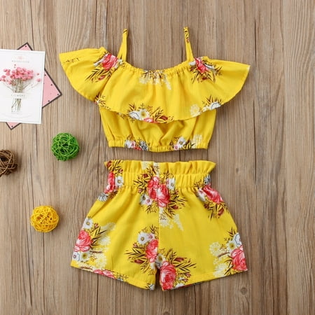 

Summer Toddler Kids Girls Royal Floral Strap Tops Shorts Outfits Set Clothes