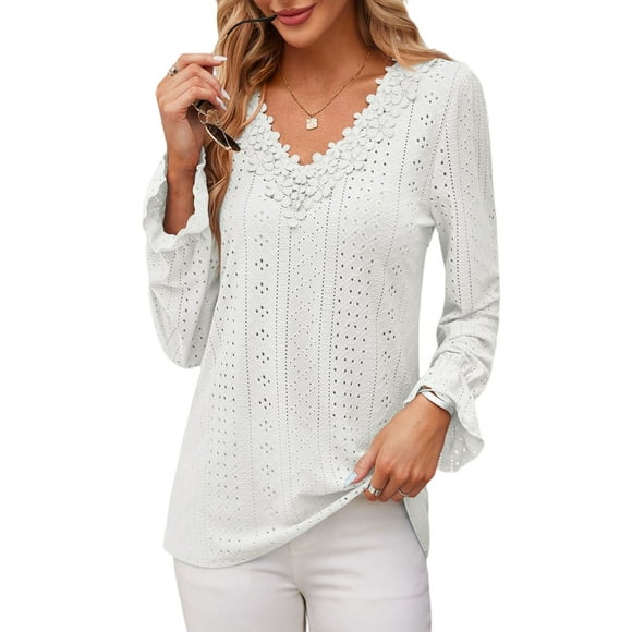 Ritualay T-shirt pour Femme à Manches Longues T-shirt de Travail Décontracté T-shirt Col en V Chandail Ample Blanc m