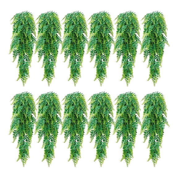 VEVOR Artificial Ferns, 12 Pcs Fake Hanging Boston Fern Bush Plant with 32 Inch Hanging Length, Plastic Faux Greenery for Indoor/Outdoor Decor, For Wall, Wedding Party, Home, Porch Garden, No Basket