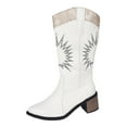 thumbnail image 7 of Embroidery Knee High Cowboy Boots Women Stacked Heel Splice Leather Wide Calf Pull on Long Cowgirl Booties, 7 of 7