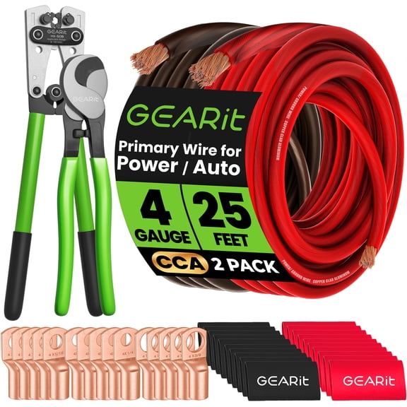 GEARit 4 Gauge CCA Ground Wire (25FT Each - Black and Red) All-in-One Kit: Crimping Tool, Cutter, 15 Lugs, and 20 Heat Shrink Wrap