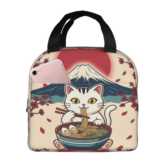 Cat Insulated Lunch Bag Reusable Lunch Box Japanese Ramen Noodle Cat Print Leakproof Thermal Meal Prep Tote With Front Pocket For Work Office Picnic Travel