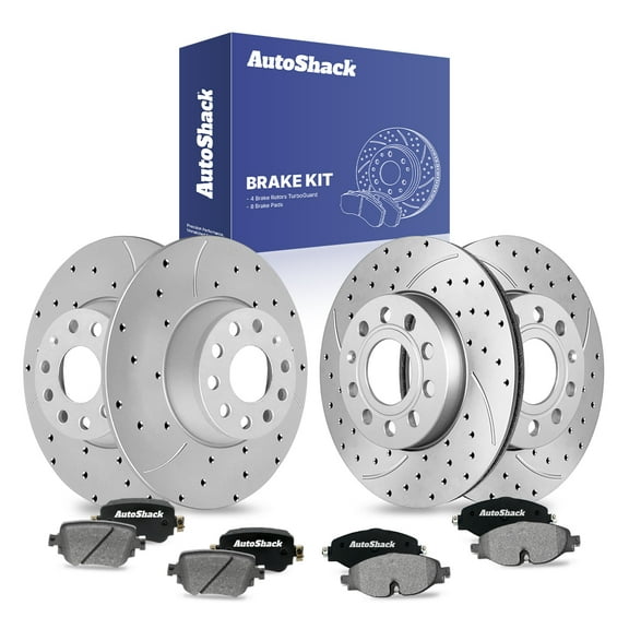 AutoShack Front & Rear Brake Rotors & Premium Pads for Volkswagen, Golf 2015-2018 Golf SportWagen 2016-2019, FWD AWD L4 1.4L 1.8L 2.0L - Coated Drilled & Slotted - Silver Matte Finish - TurboGuard