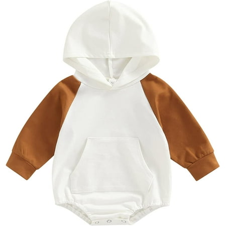 

QWZNDZGR Newborn Long Sleeve Romper Contrast Color Front Kangaroo Pocket Snap Crotch Hooded Patchwork Jumpsuit