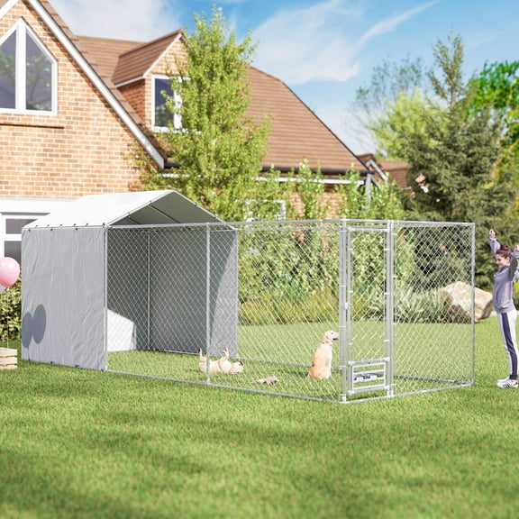 PawHut Large Outdoor Dog Kennel, Chain Link Dog Kennel Outside with Weather Resistant Cover, Rotating Bowls Door, for M&L Dogs, 19.7' x 7.5' x 7.5'
