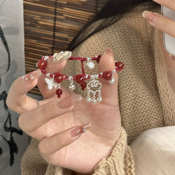 Pulseras para mujer, regalos para mujer, pulsera de campanas de cuerda roja doble tejida a mano con tarjeta Fus de estilo chino, pulsera de regalo.