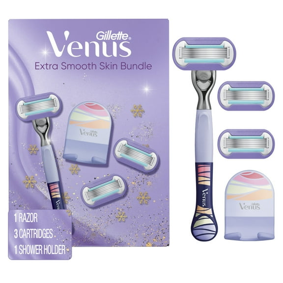 Gillette Venus Miami Midnight Extra Smooth Razor Handle, 3 Refills, 1 Shower Hook, Holiday Gifts for Women