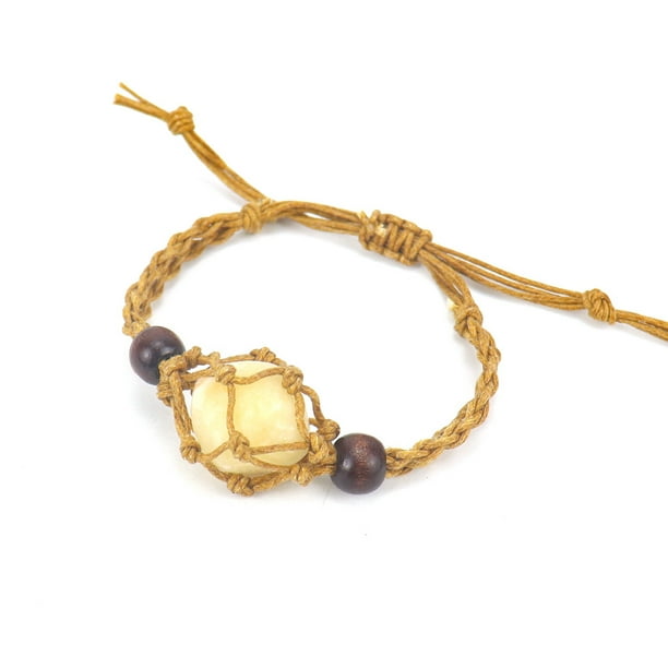 Xiao Hua Pulsera de cuentas hecha a mano, ideal para hombres y mujeres, tejida a mano con piedra natural marrón, ajustable y elástica (amarilla).