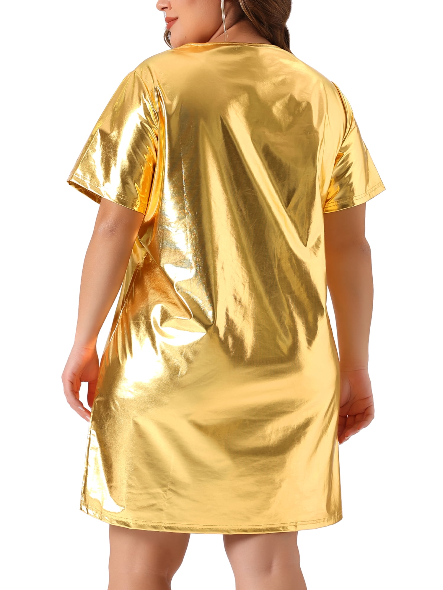 DARING DIVA Plus Size Metallic Round Neck Short Sleeve Mini Dress 3X Gold
