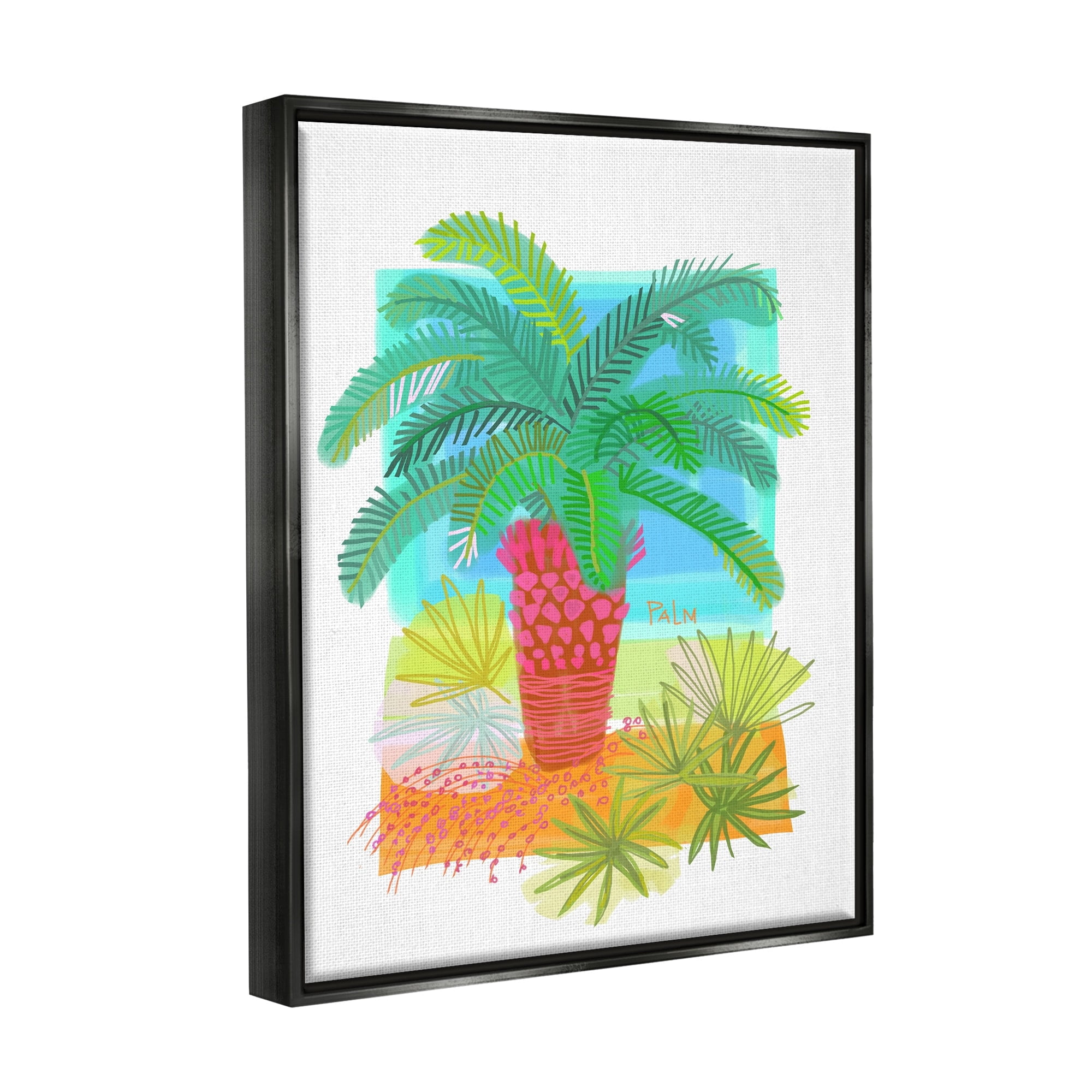 Stupell Industries Tropical Palm Plant Leaves Whimsical Summer Botanicals Graphic Art Luster Gray Floating Framed Canvas Print Wall Art, Design by unknown