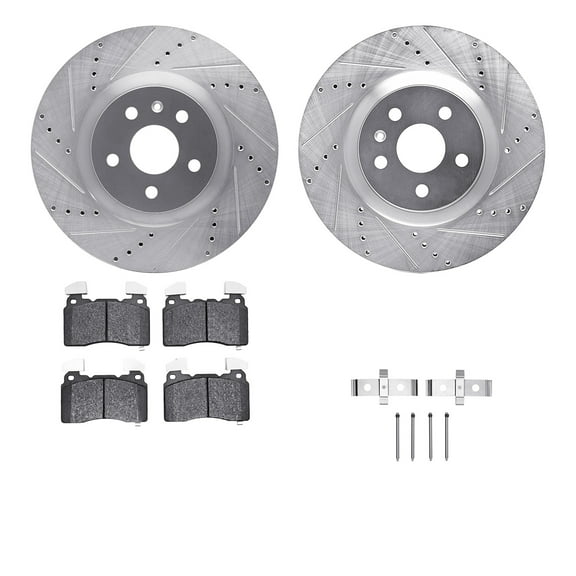 Dynamic Friction Company Front Brake Rotors-Drilled and Slotted-Silver with 5000 Euro Ceramic Brake Pads includes Hardware 7612-45008
