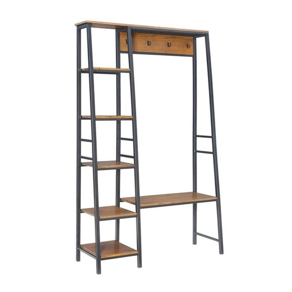 Linon Austin Sturdy Rustic Hall Tree 6 Wood Shelves 4 Hooks Metal Frame in Black