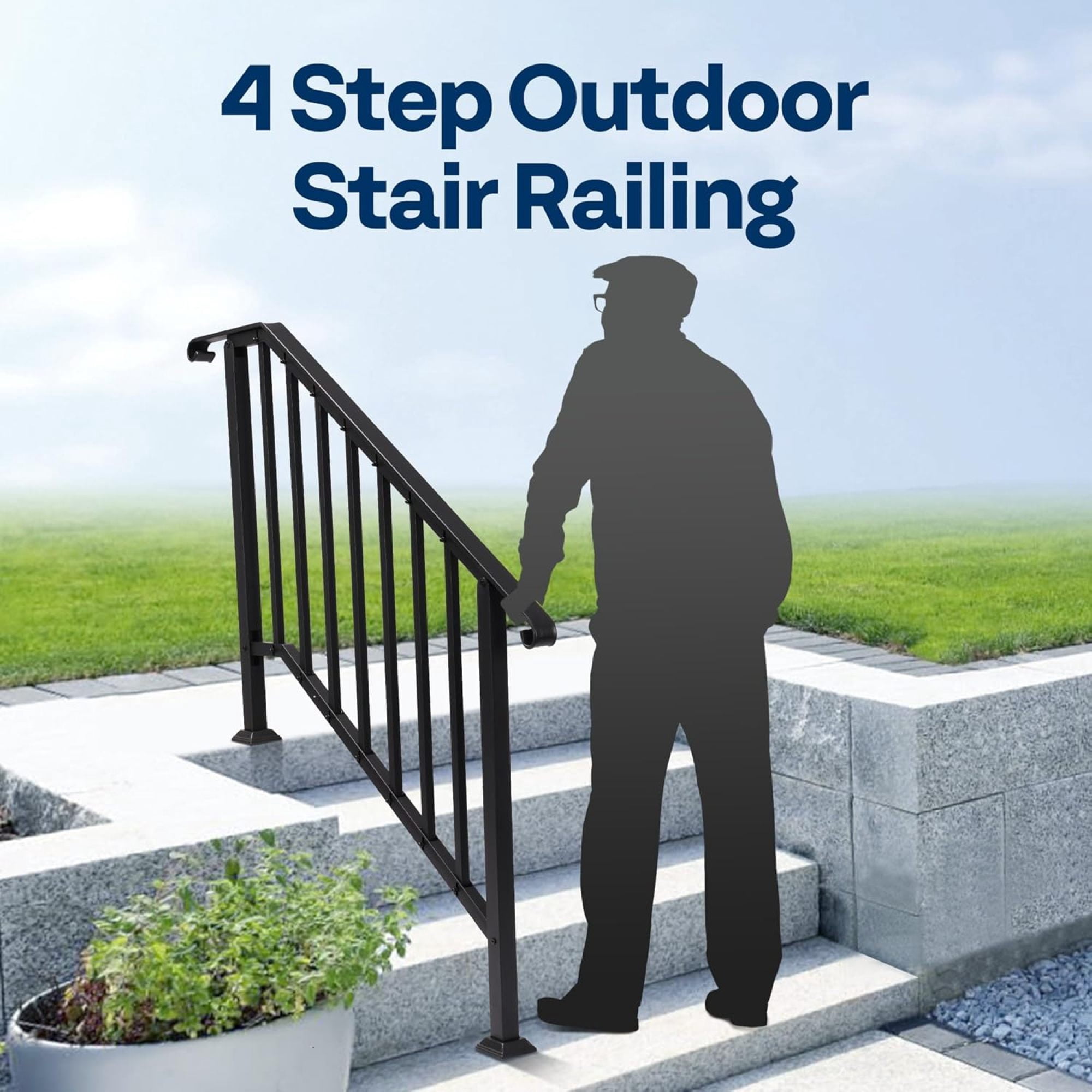 Leumius Hand Rails for Outdoor Steps,4 Step Galvanized Steel Railing Kit with Curved Ends and Safety Balusters Exterior Railing for Porch, Deck