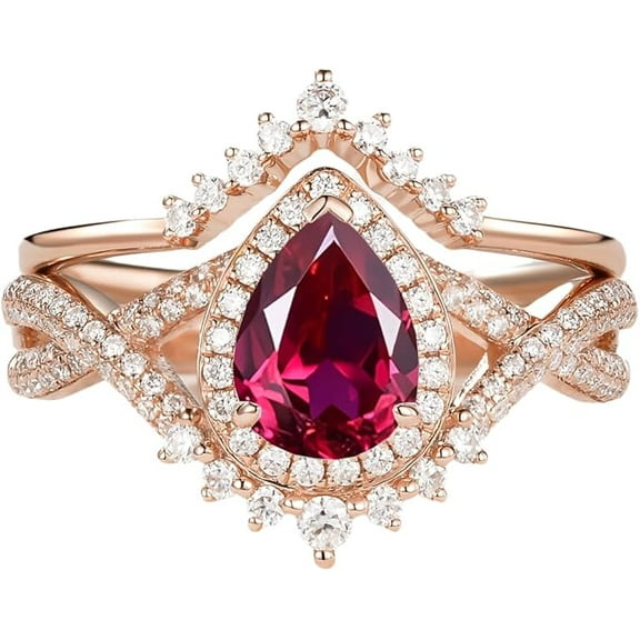 Divine Creation 2.00 Ct Pear Cut Red Ruby Wedding Engagement Bridal Ring Set 14K Rose Gold Plated 925 Sterling Silver For Women's -4.5