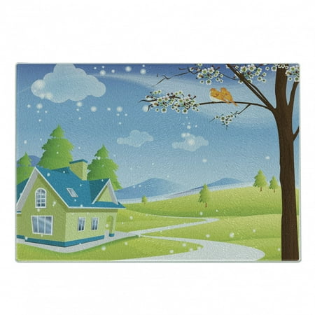 

Winter Cutting Board Cozy Pattern of a House View in a Meadow with a Blossoming Tree and 2 Birds Decorative Tempered Glass Cutting and Serving Board in 3 Sizes by Ambesonne