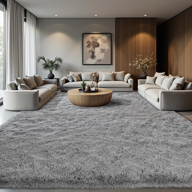 Alfombra Zentavio de felpa gris peludo, 203 x 254 cm, suave y de pelo alto