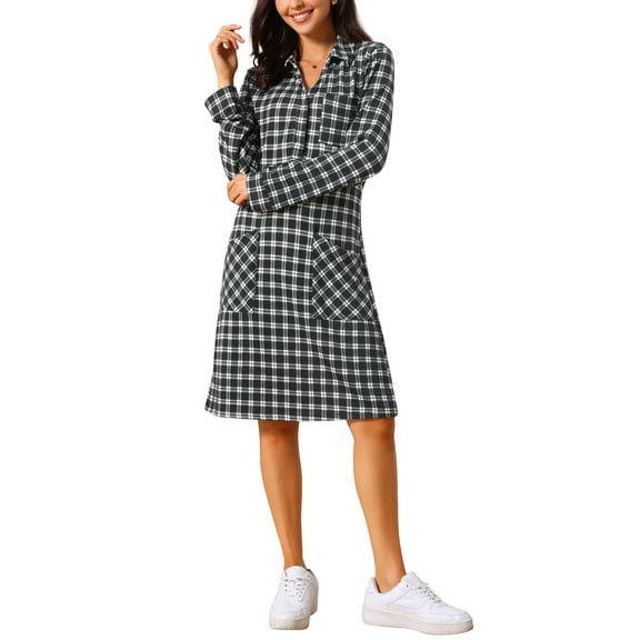 INSPIRE CHIC Women's Vintage Plaid Dresses Collar V Neck Long Sleeve Check Casual Knee Length Shirt Dress S Black