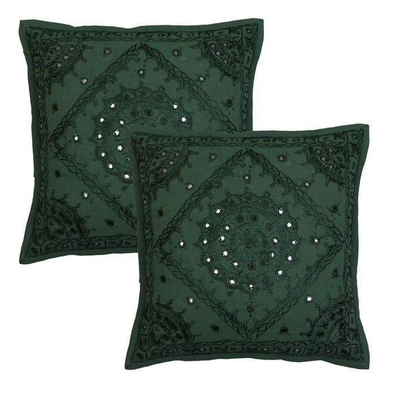 Stylo Culture Ethnic Decorative Throw Pillow Covers 16x16 Hand Embroidered Dark Green Boho 40cm x 40cm Home Decor Cotton Mirrored Square Cushion Covers | Set Of 2