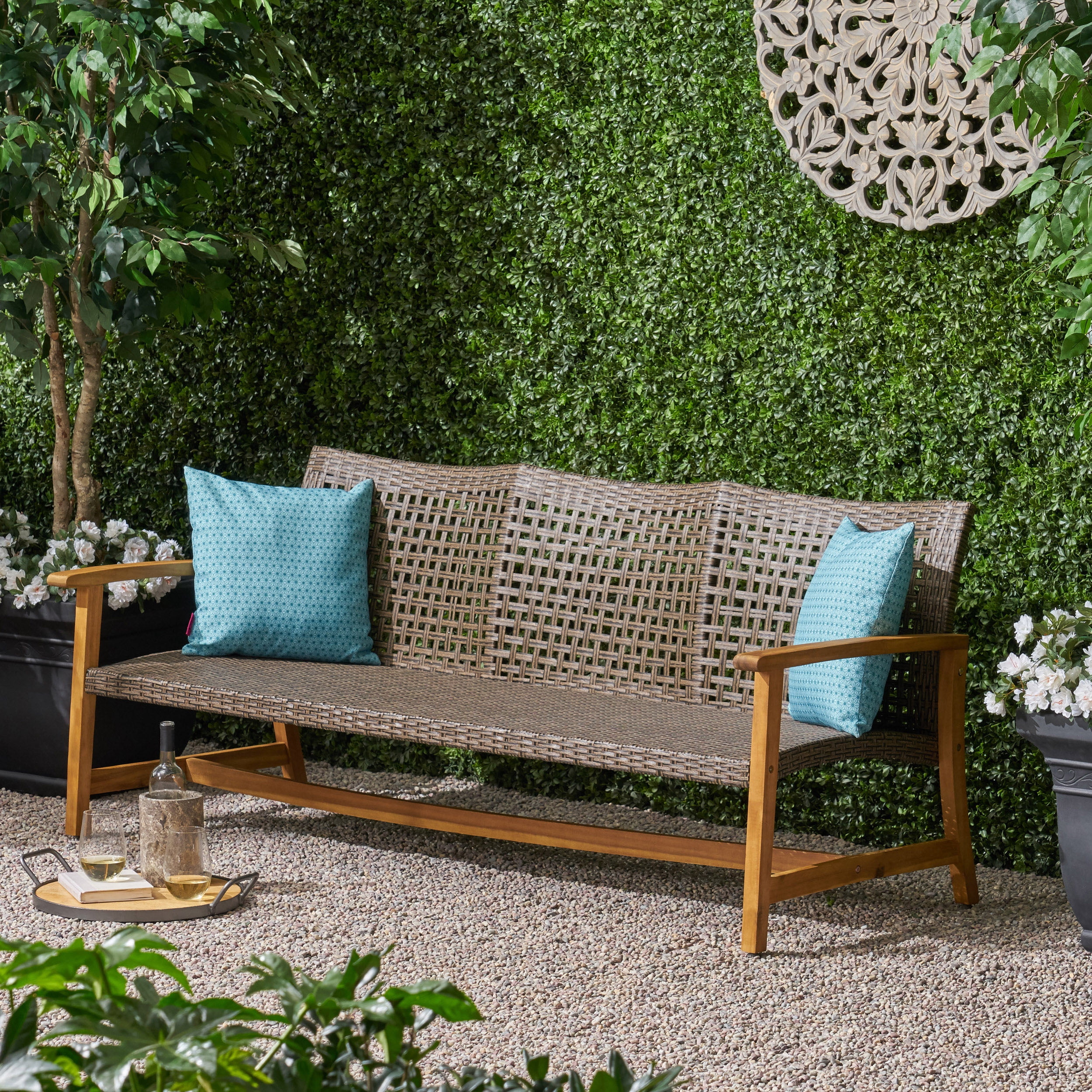 Outdoor Wood Woven Combined 3 Seater Sofa, Large Leisure Couch for Patio Garden, Multi Brown and Gray