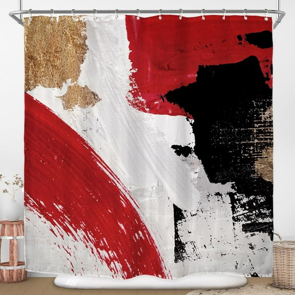Red Black Gold Shower Curtain for Bathroom Decor 72Wx72H Modern Abstract Minimalist Aesthetic Oil Painting Simple Neutral White Art Printed Fabric Polyester Waterproof 12 Pack Plastic Hooks