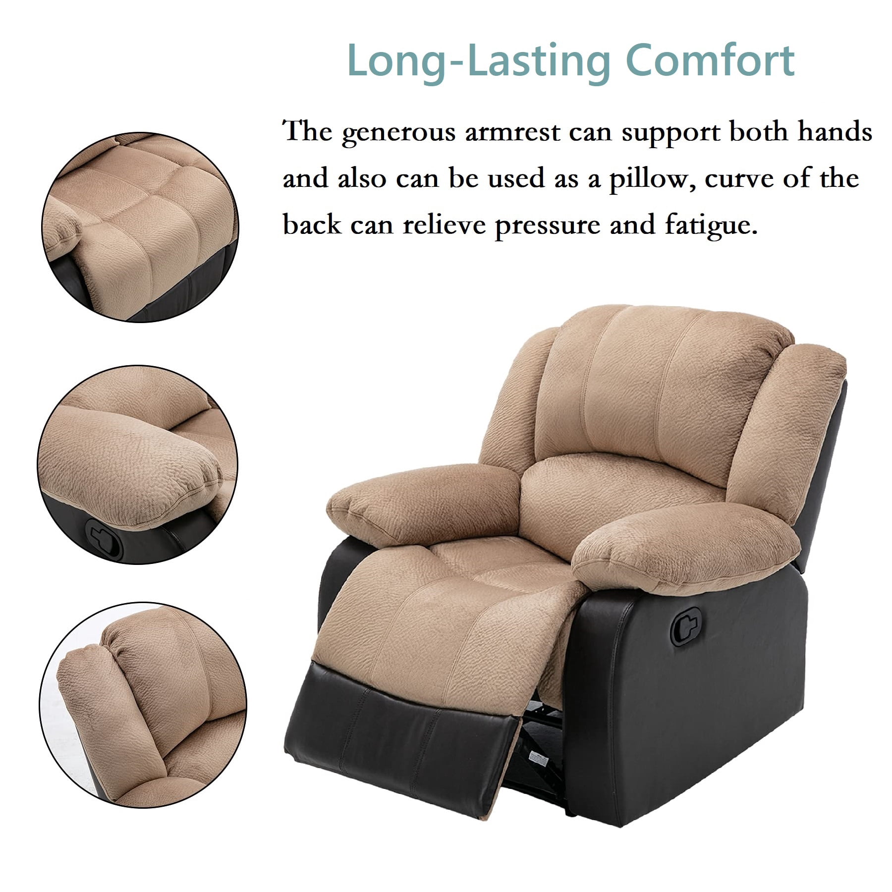 Nathaniel Home Manual Single Recliner Chair, PU Leather Upholstered Couch Sofa, Tufted Reclining Sofa, Plush Scoop Theater Seating, Lounge Chair for Living Room, Beige