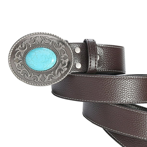Classic PU Leather Western Belt with Turquoise Buckle Indian Style Belt,  Long Cowboy Waistband Western Belts for Casual, Business, Work Brown