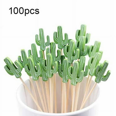 Cocktail Picks Handmade Bamboo Toothpicks 100Pcs 5.1in Green Cacti