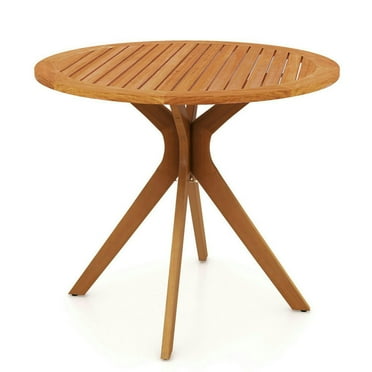 GVN 35.5 Inch Patio Wood Dining Table with Slatted Tabletop and Curved Legs