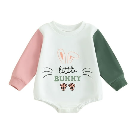 

Suealasg Baby Girls Easter Clothes Infant Girls Bubble Romper Long Sleeve Crew Neck Bunny Letters Print Bodysuit Jumpsuit for Newborn Girls