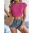 thumbnail image 2 of Womens Cable Knit Crop Cap Sleeve Crew Neck Slim Fit Solid Color Stretchy Summer Short Sleeve Sweater Rose Red L, 2 of 8