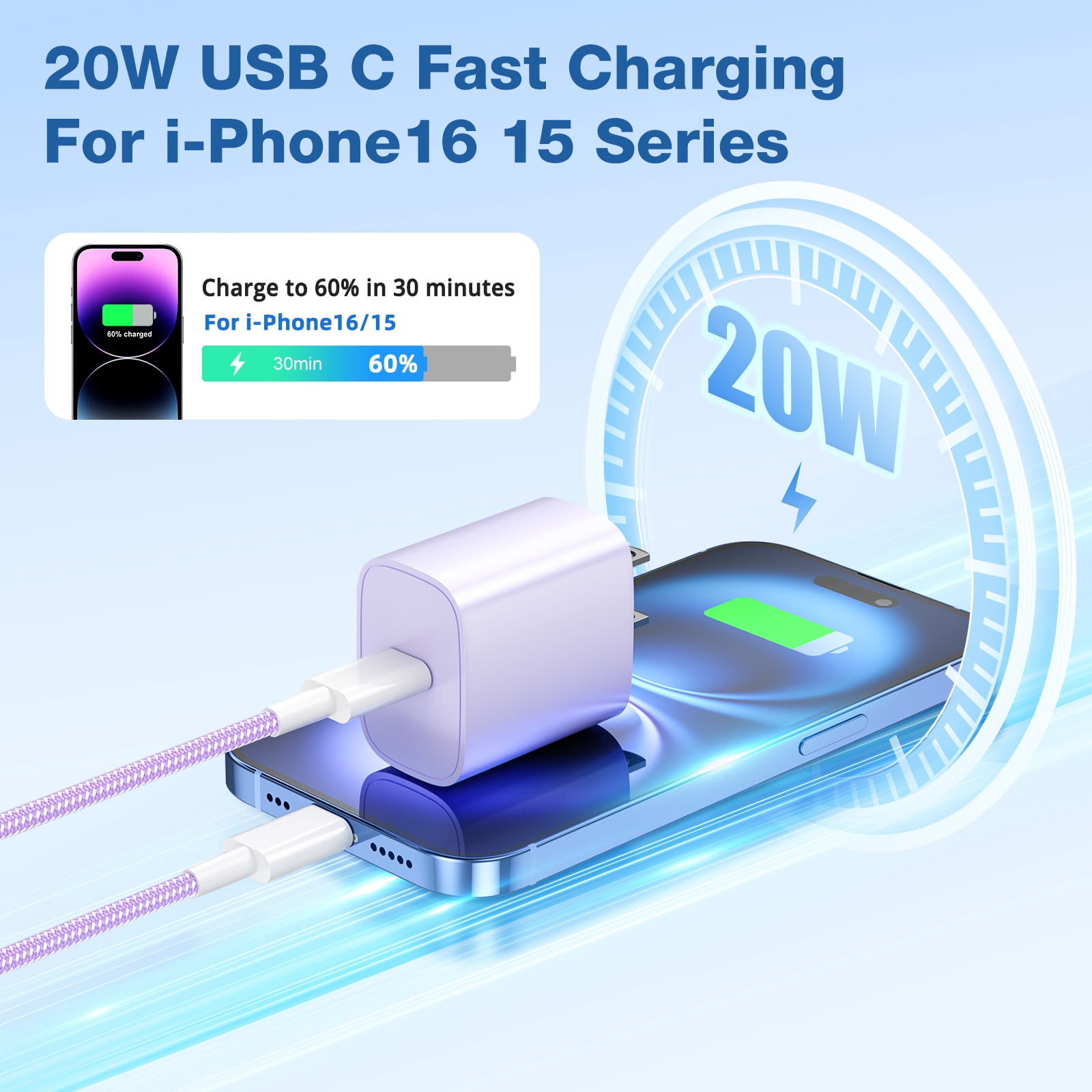 Phone Charger Fast Charging Type C Charger USB C Charger Block 3Pack 6FT Charging Cable for Phone Fast Charger Compatible with i-Phone 16/16 Plus/16 Pro/16 Pro Max/i-Phone 15/15 Pro Max/iPad and More