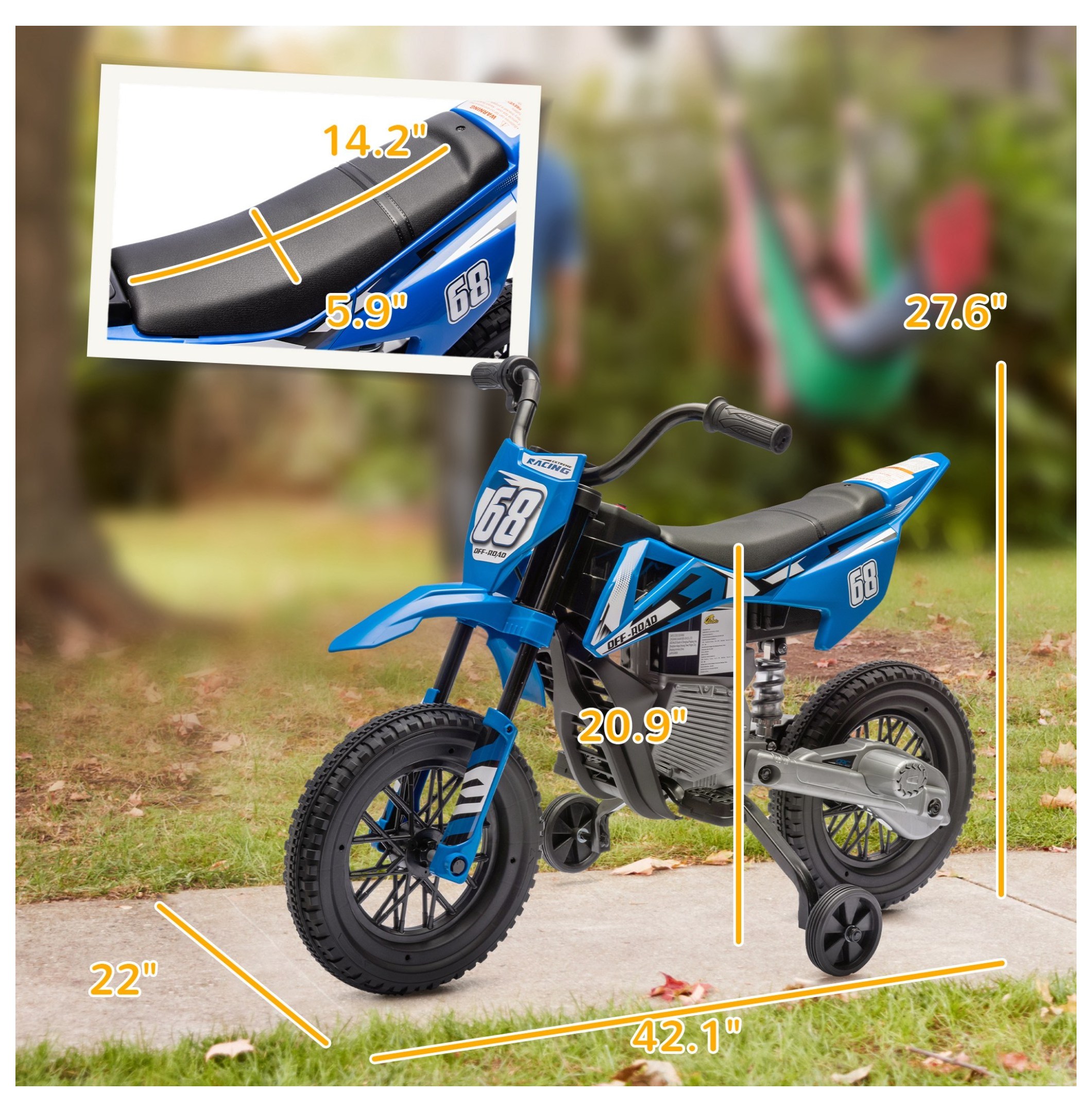 Qaba Kids Dirt Bike with Twist Grip Throttle, 12V Electric Motorcycle, Electric Bike for Toddler with Training Wheels, Rear Suspension & Music, Blue