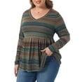 thumbnail image 4 of Agnes Orinda Women's Plus Size Babydoll Tops Vintage Striped Boho V Neck Long Sleeve Elastic Waist Casual Blouse 3X Orang Brown, 4 of 6
