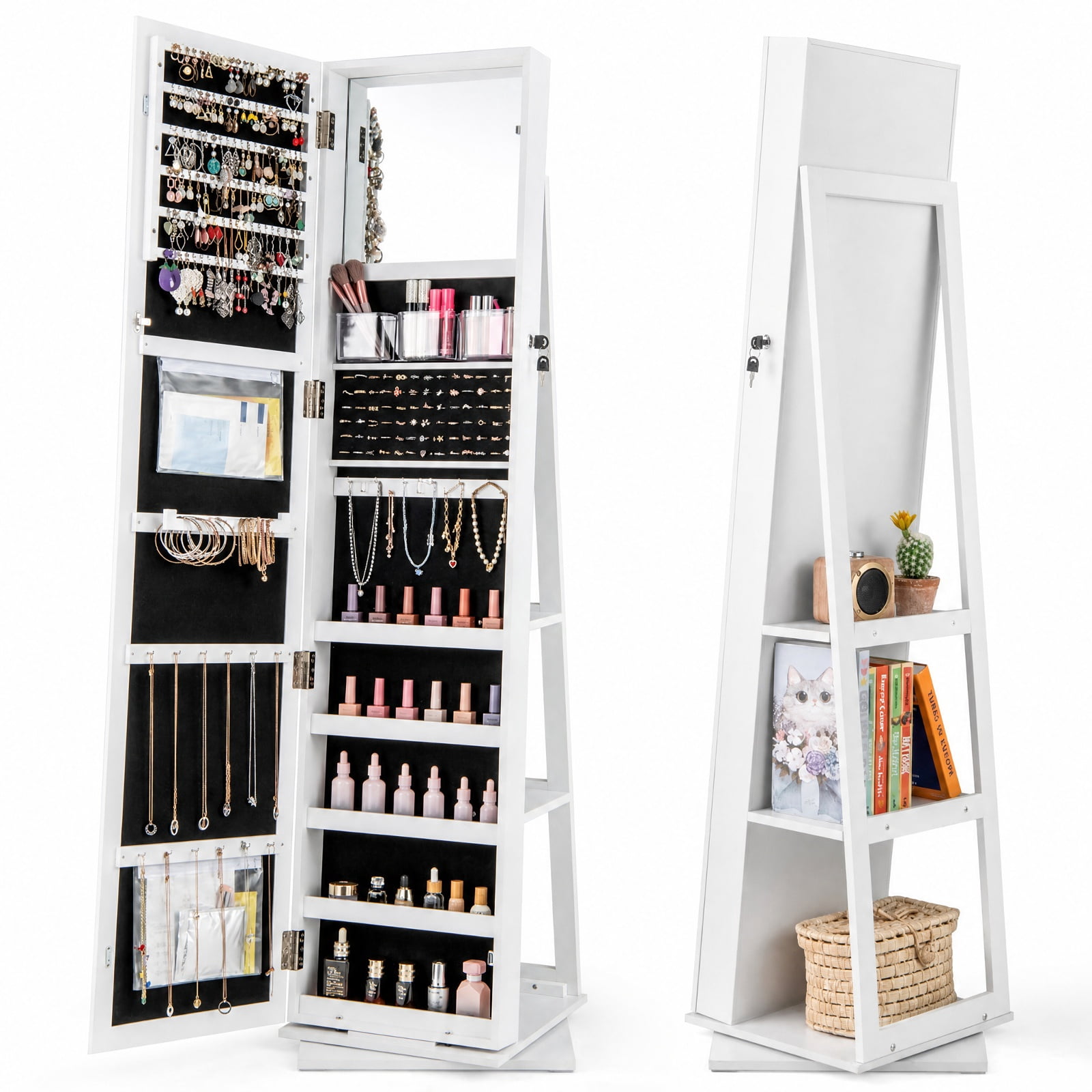 Furnibear 360° Swivel Jewelry Armoire Standing Jewelry Organizer with Full Length Mirror and Back Shelves for Bedroom Dressing Room Jewelry, White