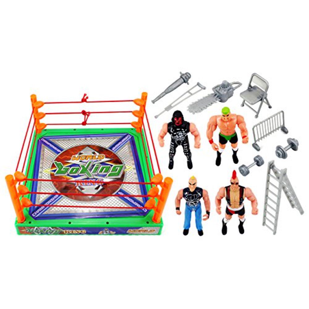 World Boxing King Wrestling Toy Figure Playset w/ Ring, 4 Toy Figures