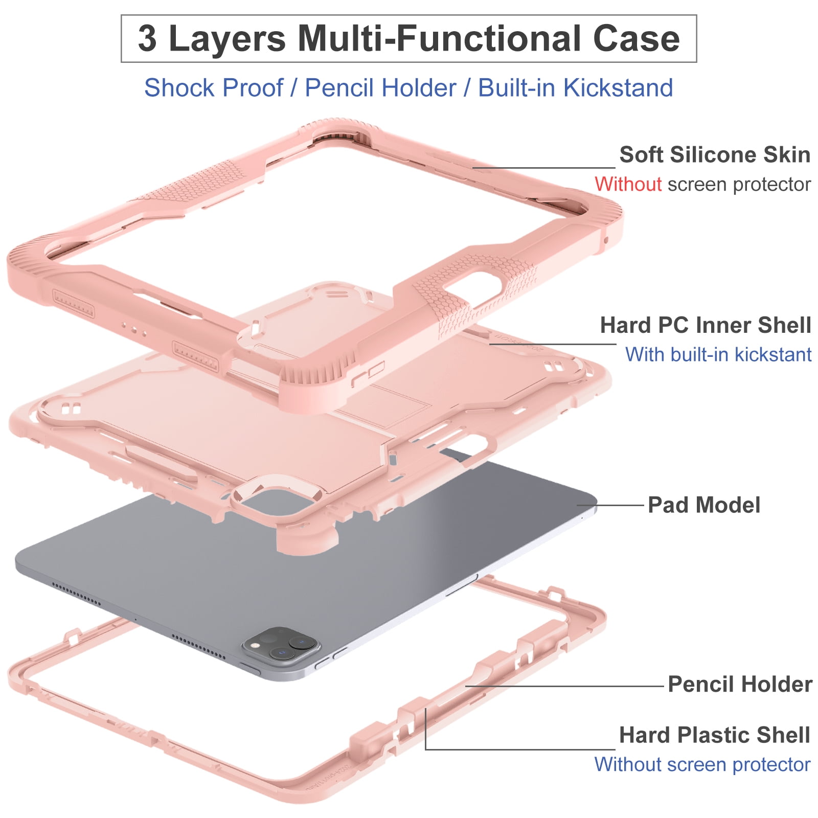 Casetego for iPad Pro 11 Inch Case M4 (2024) 5th Generation with Pencil Holder & Kickstand, Heavy Duty Military Grade Full-Body Shockproof Rugged Protective Cover for iPad Pro 11 Inch M4,Rose Gold