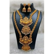 Laxmi Temple Gold Tone Bridal Indian Long Jewelry Necklace Earring Set