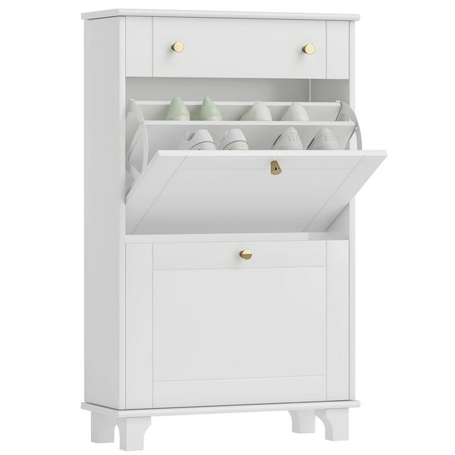 HOMCOM Armoire à Chaussures Étroite avec 2 Tiroirs Basculants, Armoire de Rangement pour Chaussures, Blanc