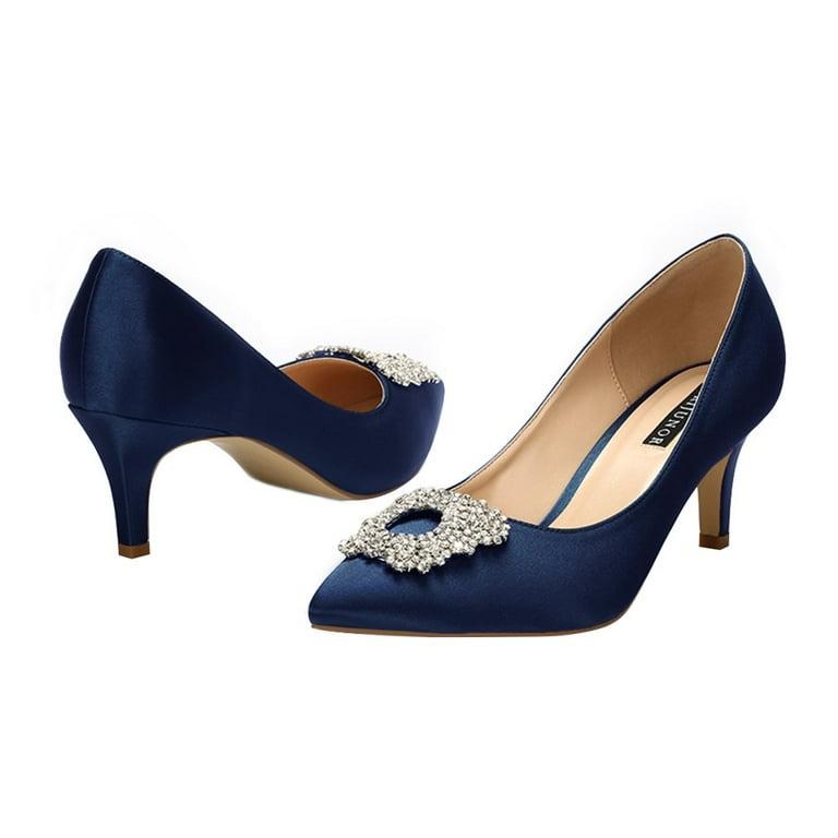 ERIJUNOR E1604 Women Pumps Low Heel Rhinestone Brooch Satin Evening Dress  Wedding Shoes Navy Blue 10 - Walmart.com