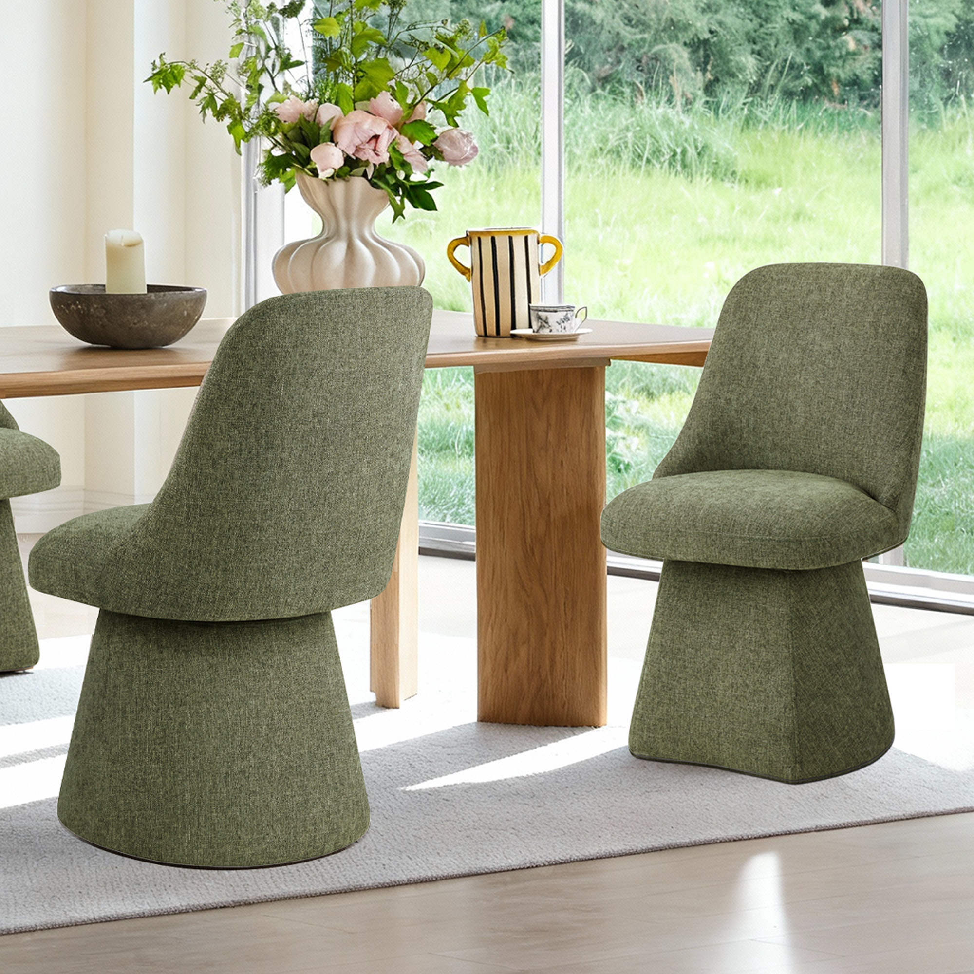 Spruce & Spring Modern Upholstered Swivel Dining Chair with High Back and Conical Base, Single, Moss Green Fabric
