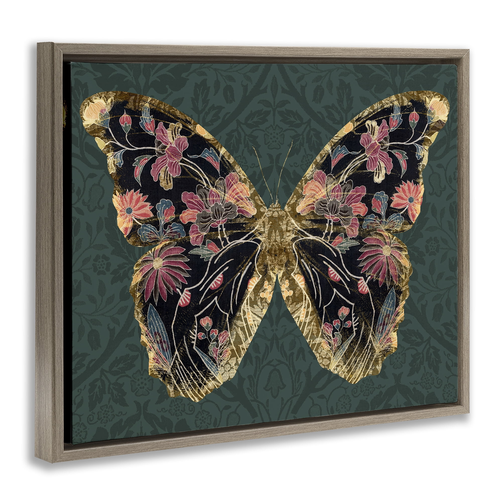 Stupell Industries Botanical Pattern Butterfly Animals & Insects Painting Brown Floater Framed Canvas Art Print Wall Art, 21 x 17
