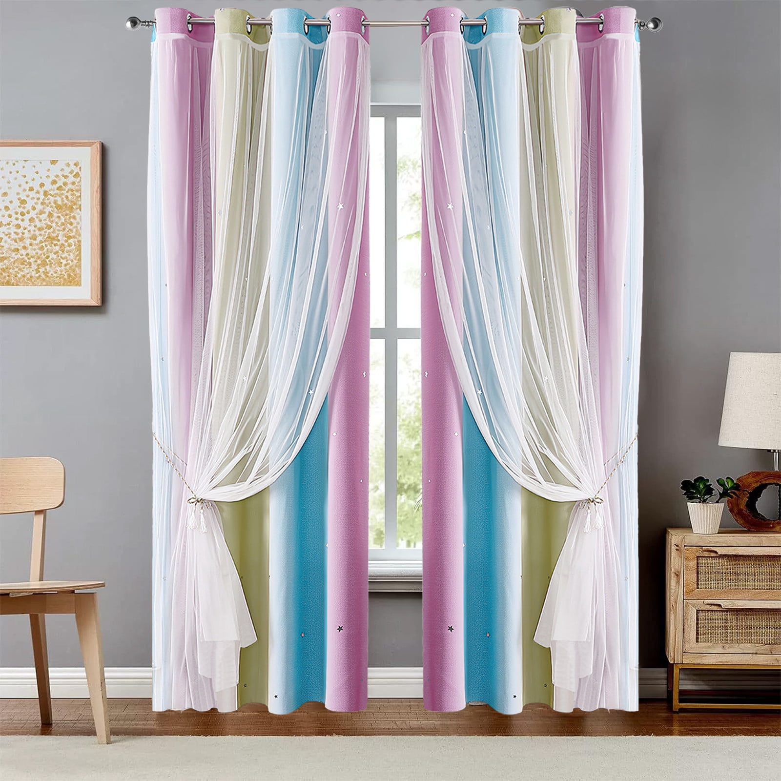 Ombre Rainbow Blackout Curtains for Girls Bedroom Living Room Darking Stripe Double Layer Star Cut Out Wall Home Decor Gradient Grommet Window Curtains (1 Panel, 39.37×51.18in)